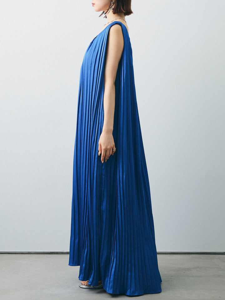 [予約]サテンプリーツVネックワンピース/ブルー