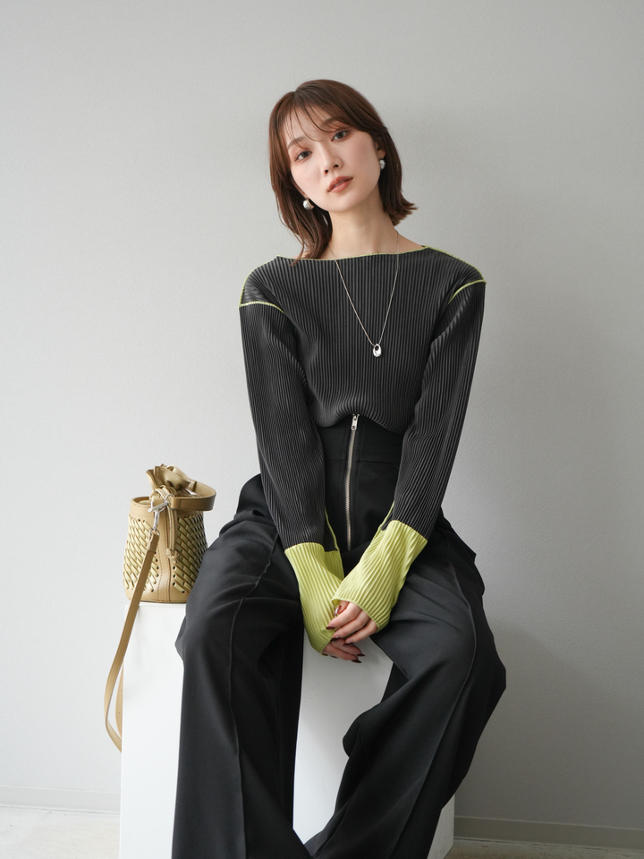 [予約]バイカラープリーツトップス/チャコール