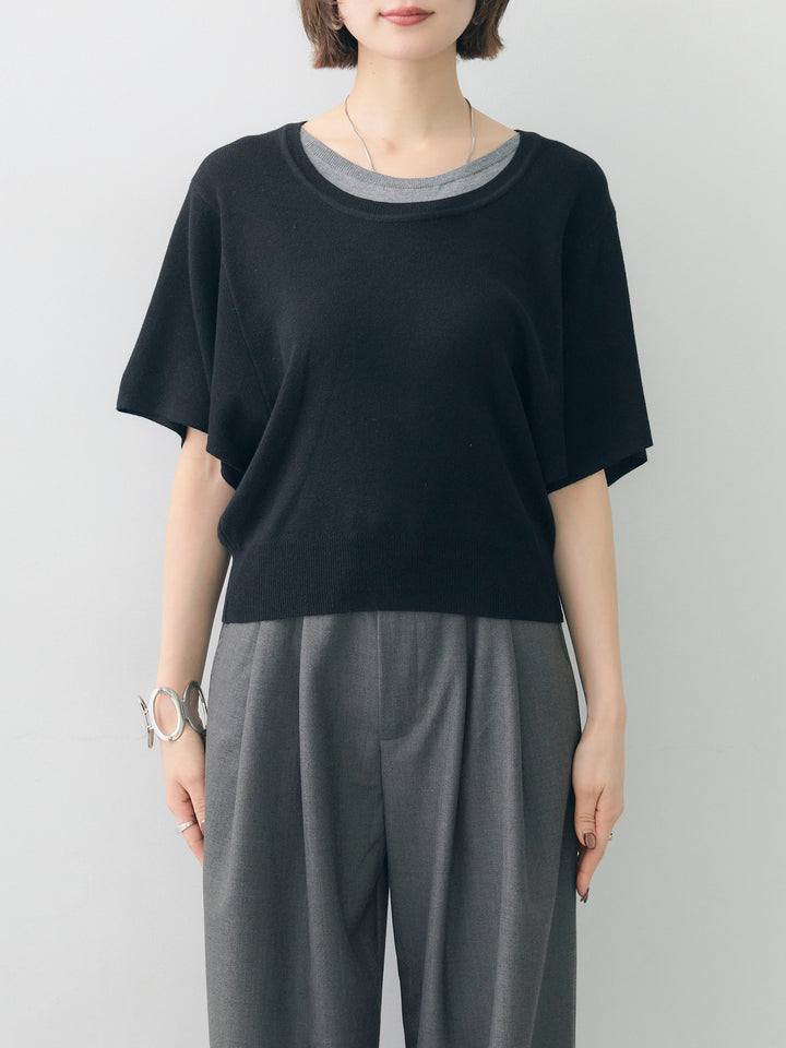 [予約]レイヤードデザインドルマンニットトップス/black