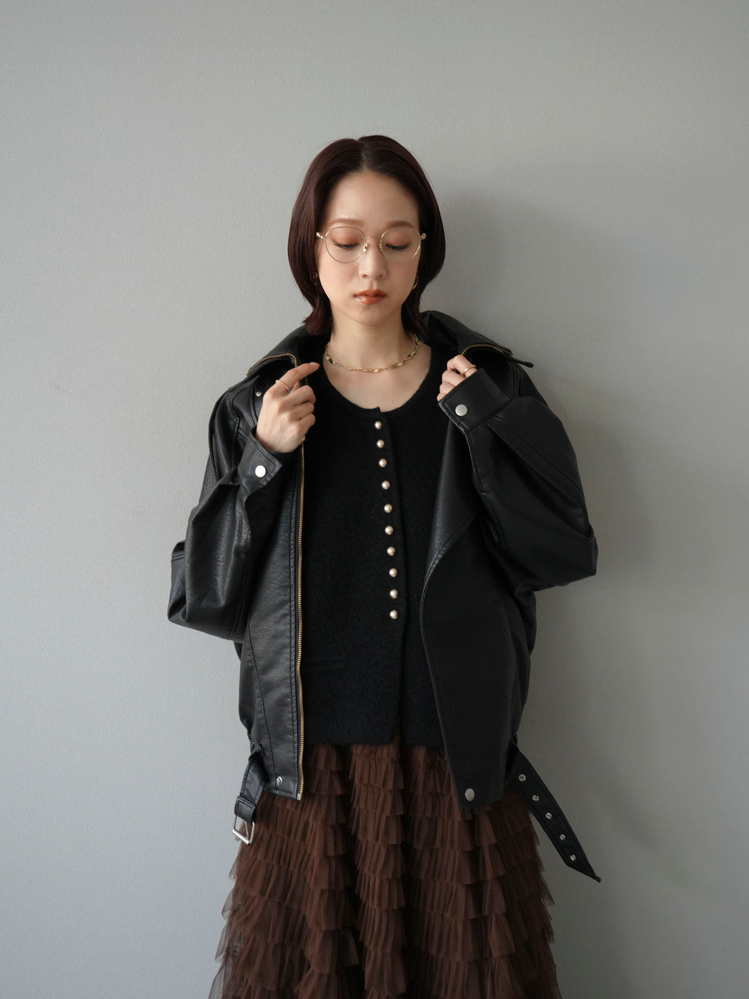 [予約]スタンドカラーフェイクレザーブルゾン/ブラック
