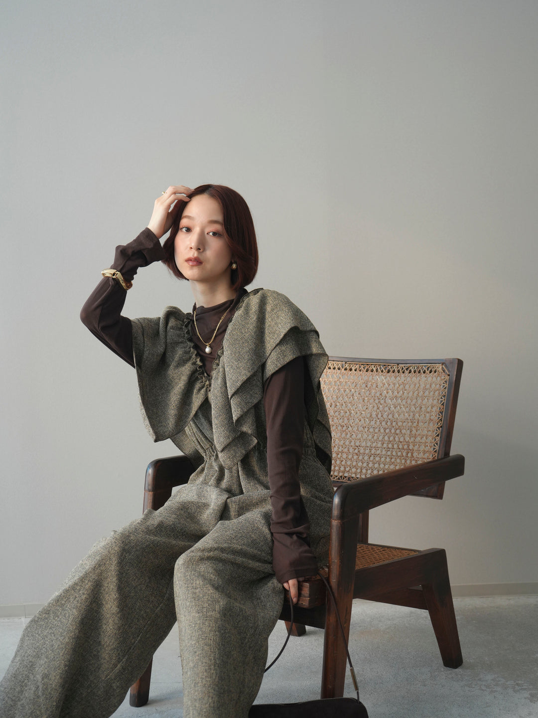 [SET]3WAYミックスツイードギャザーオールインワン+シアープチネックストレッチトップス(2set)