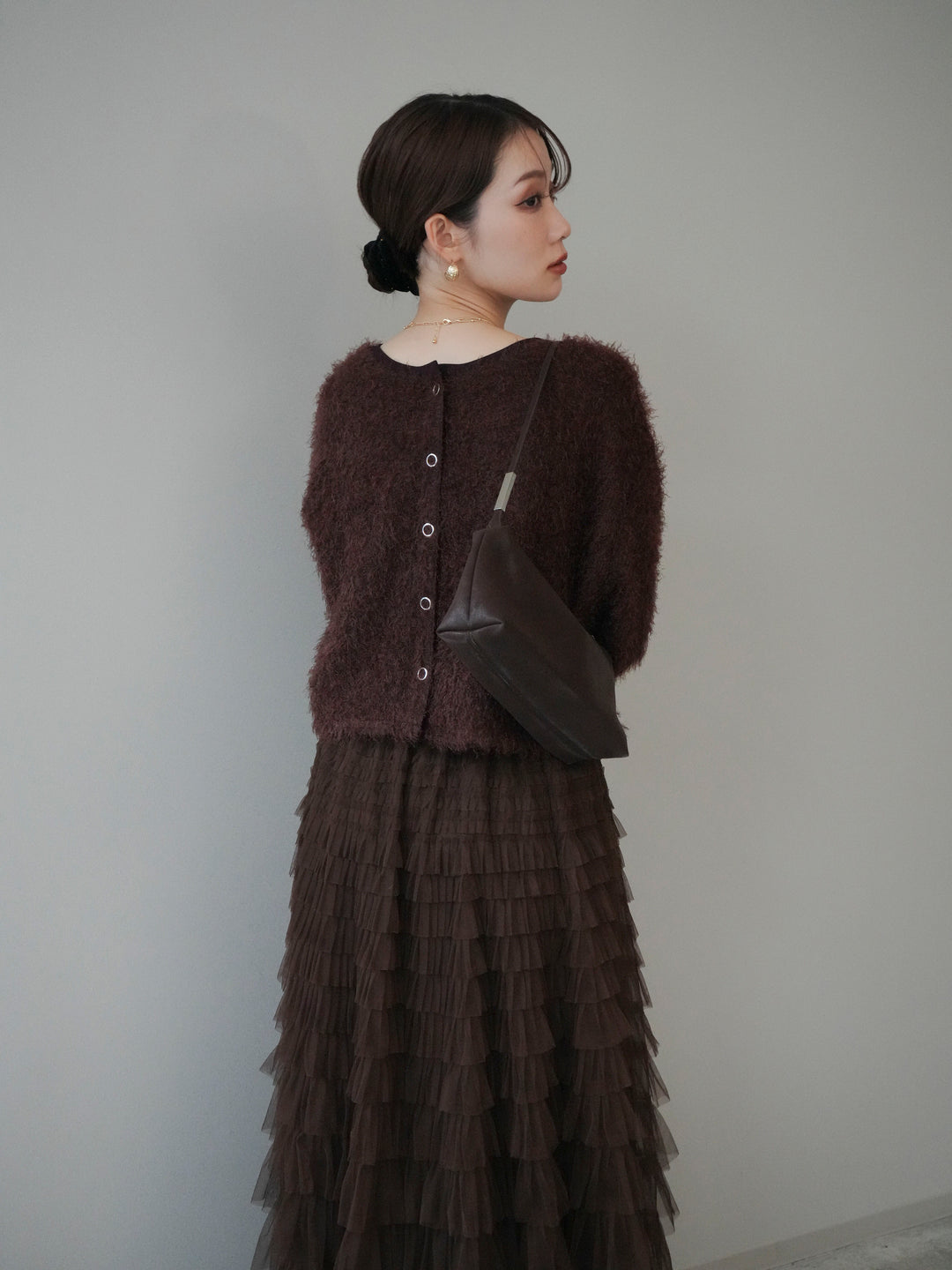 [予約]バイカラー2WAYシャギーニットカーディガン/brown