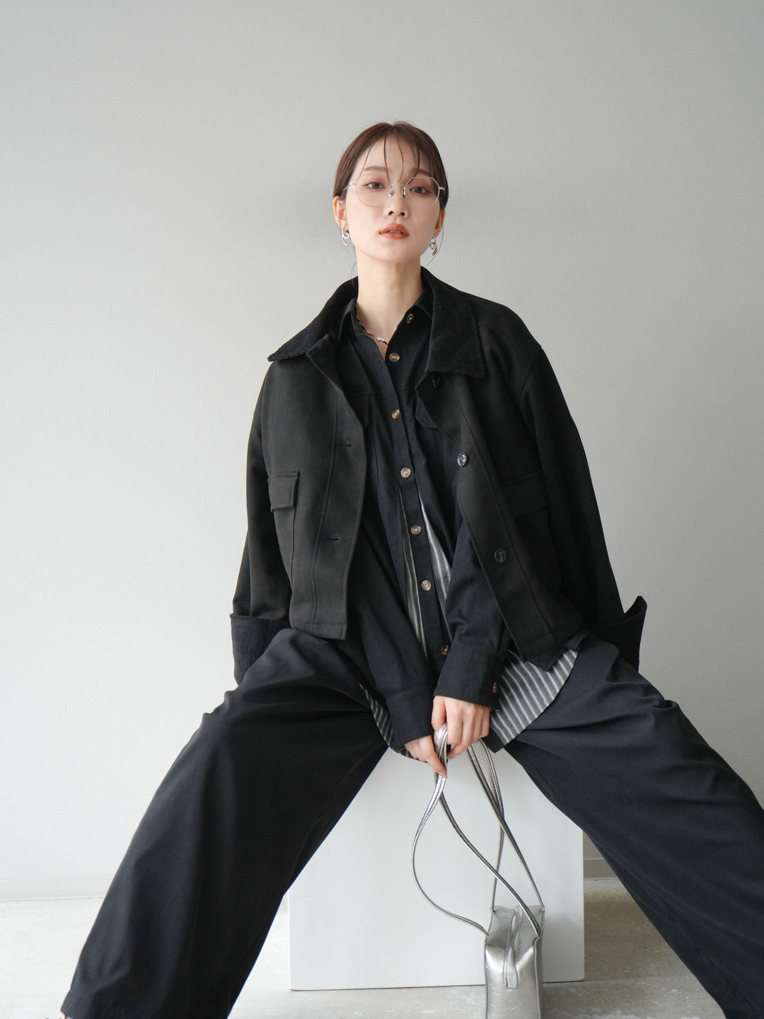 [予約]コーデュロイ切替スウェードショートジャケット/ブラック