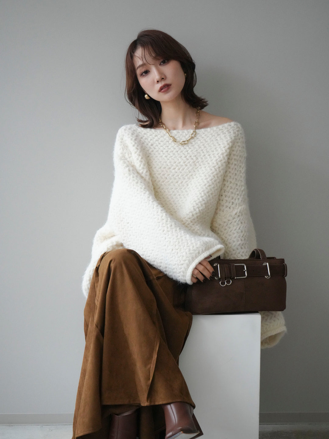 [予約]ワッフル編みオーバーニットプルオーバー/off