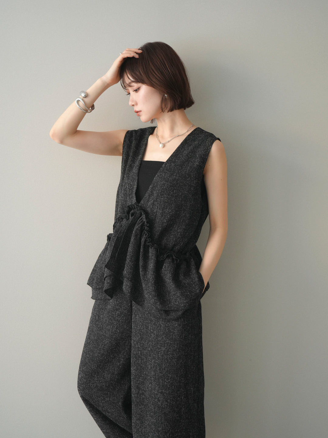 [SET]3WAYミックスツイードギャザーオールインワン+選べるアクセセット(2set)