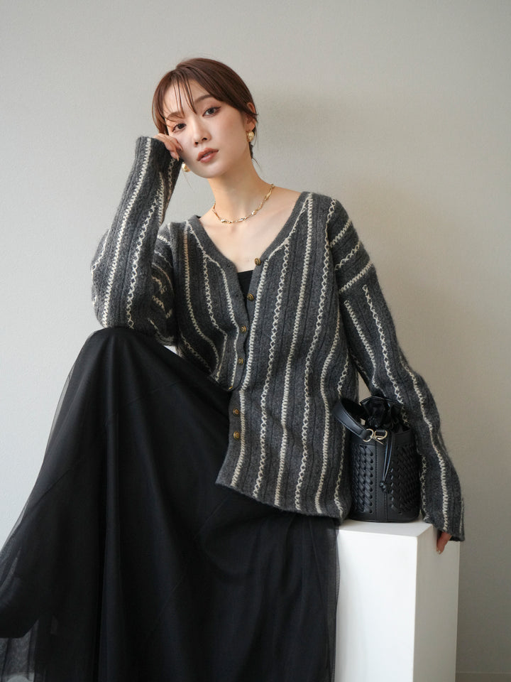 [予約]ストライプVネックニットカーディガン/グレー