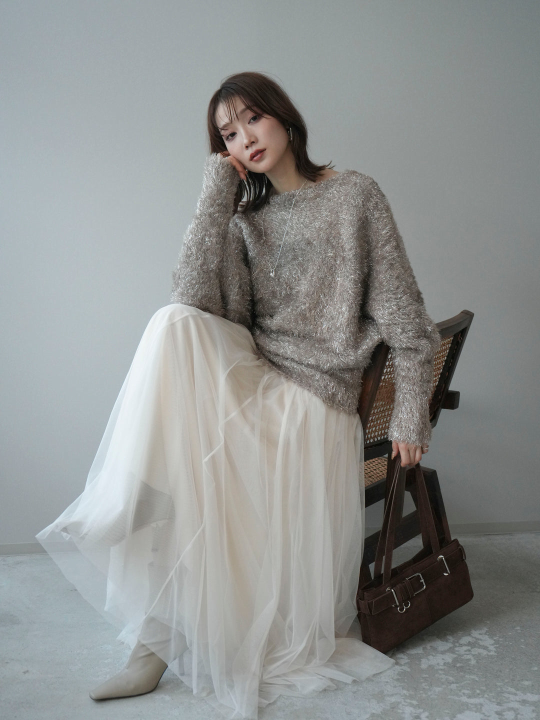 [予約]ラメシャギードルマンニットプルオーバー/beige