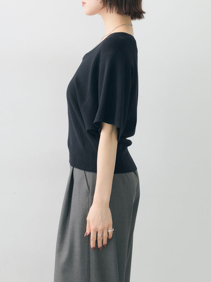 [予約]レイヤードデザインドルマンニットトップス/black
