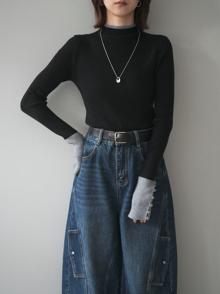[予約]袖ボタンハイネック配色リブニットトップス/black