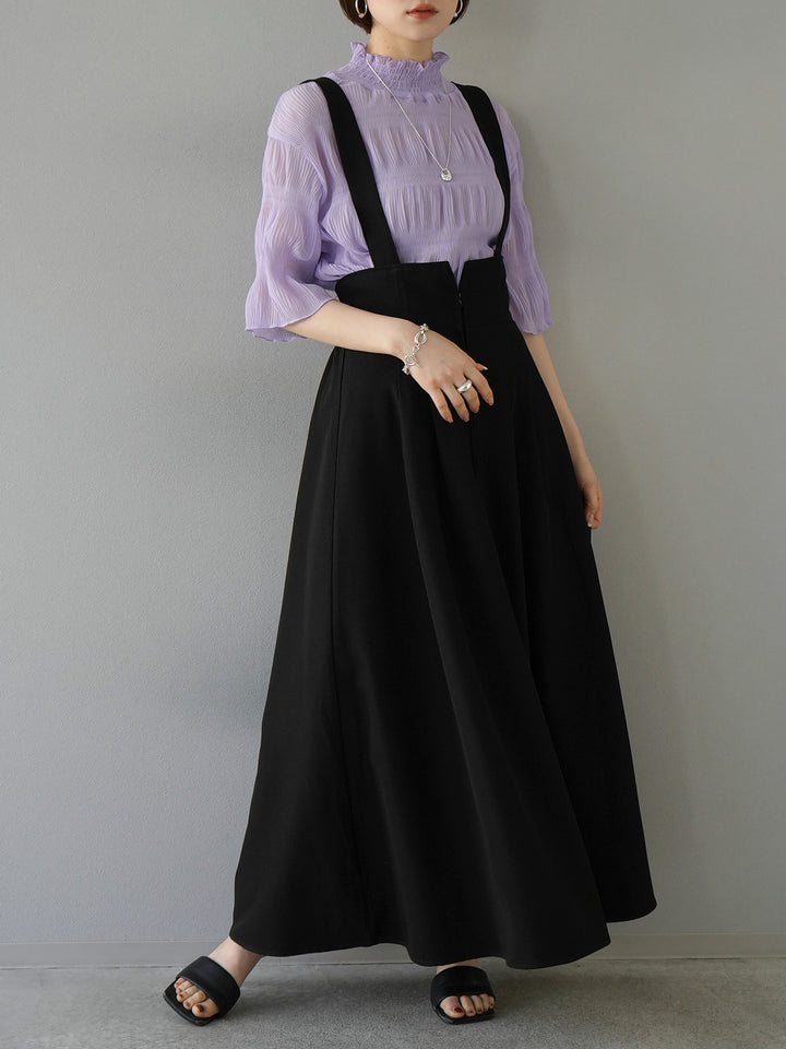 [SET] Shirring chiffon half sleeve blouse + 2WAY flare jumper skirt (2set)