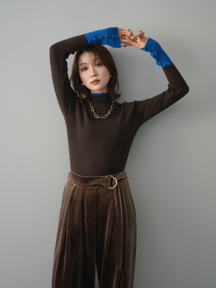 [予約]袖ボタンハイネック配色リブニットトップス/brown