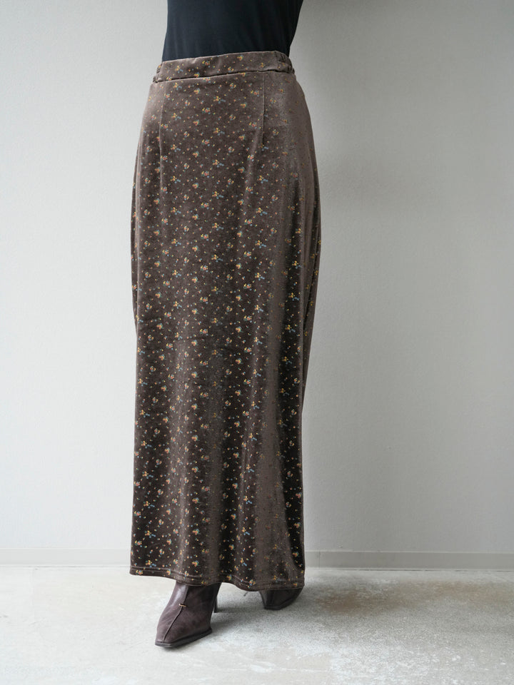 [予約]ベロアフラワープリントIラインスカート/ブラウンxイエロー