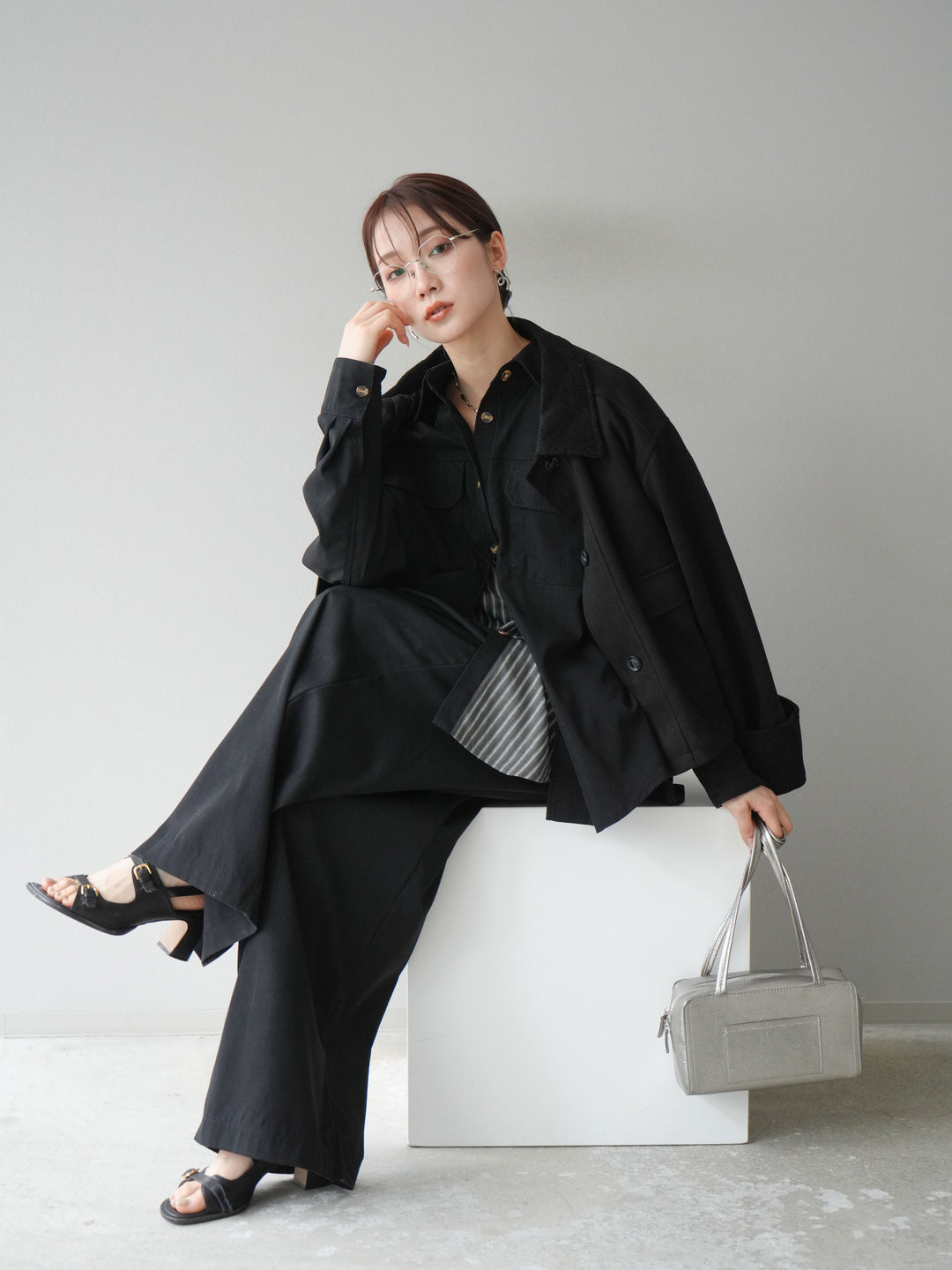 [予約]コーデュロイ切替スウェードショートジャケット/ブラック