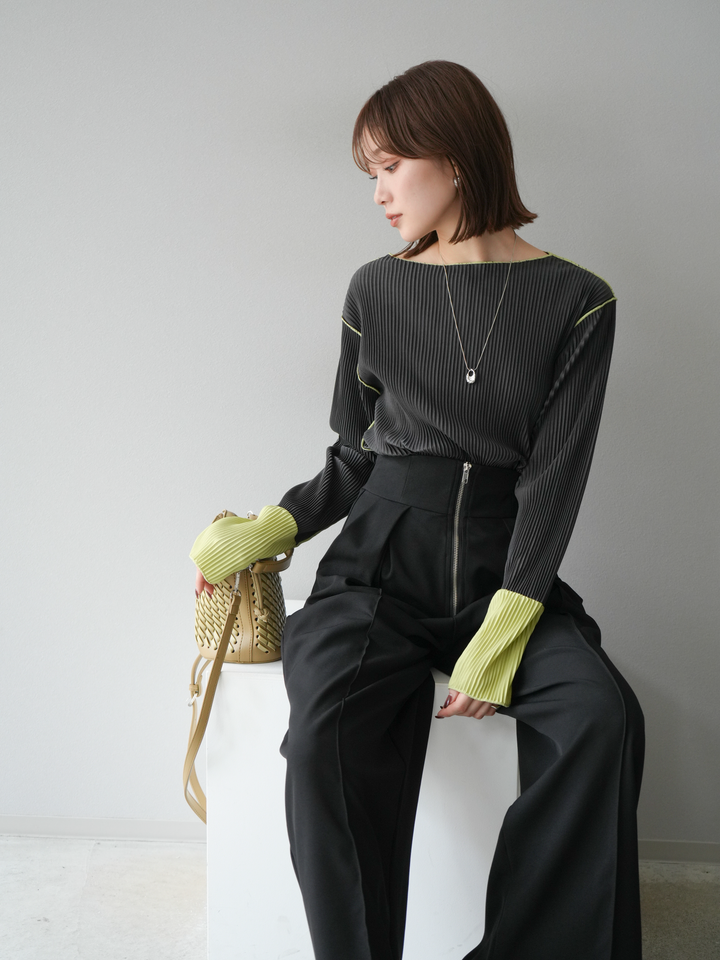 [予約]バイカラープリーツトップス/チャコール