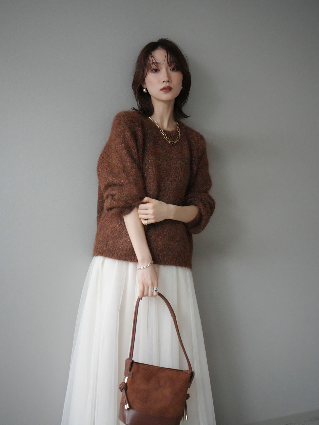 【預購】Logo標籤混紡紗線針織套頭衫/褐色