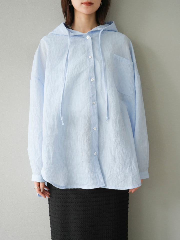 [予約]ワッシャーストライプフーディーシャツ/ブルー
