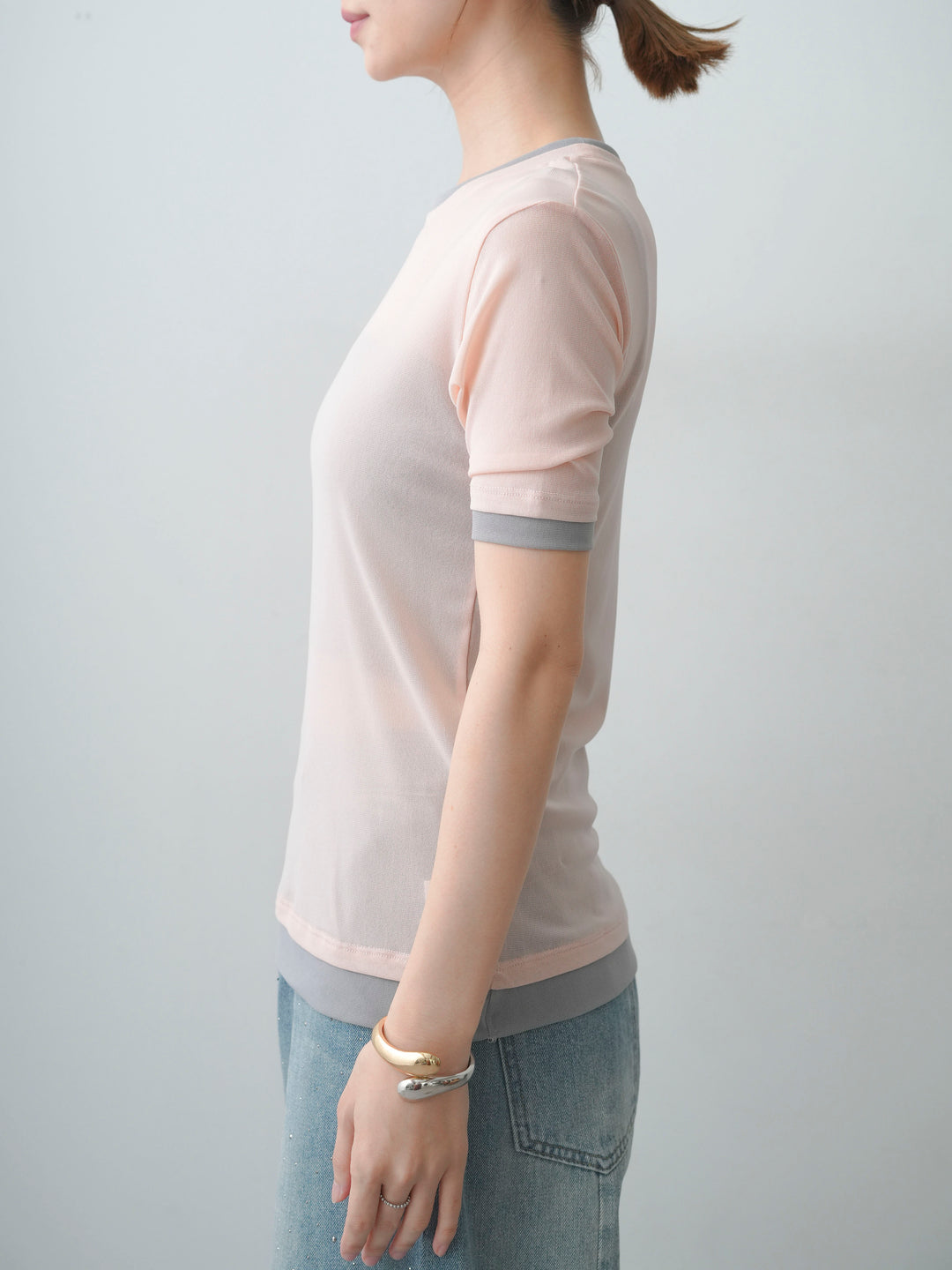 [予約]トリムレイヤードシアー半袖トップス/lightpink