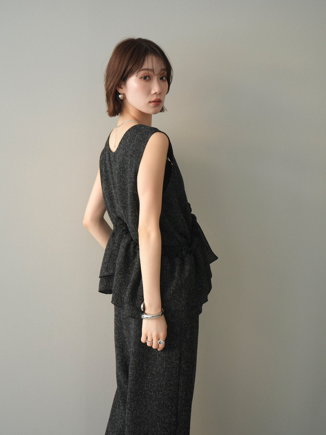 [SET]3WAYミックスツイードギャザーオールインワン+選べるアクセセット(2set)