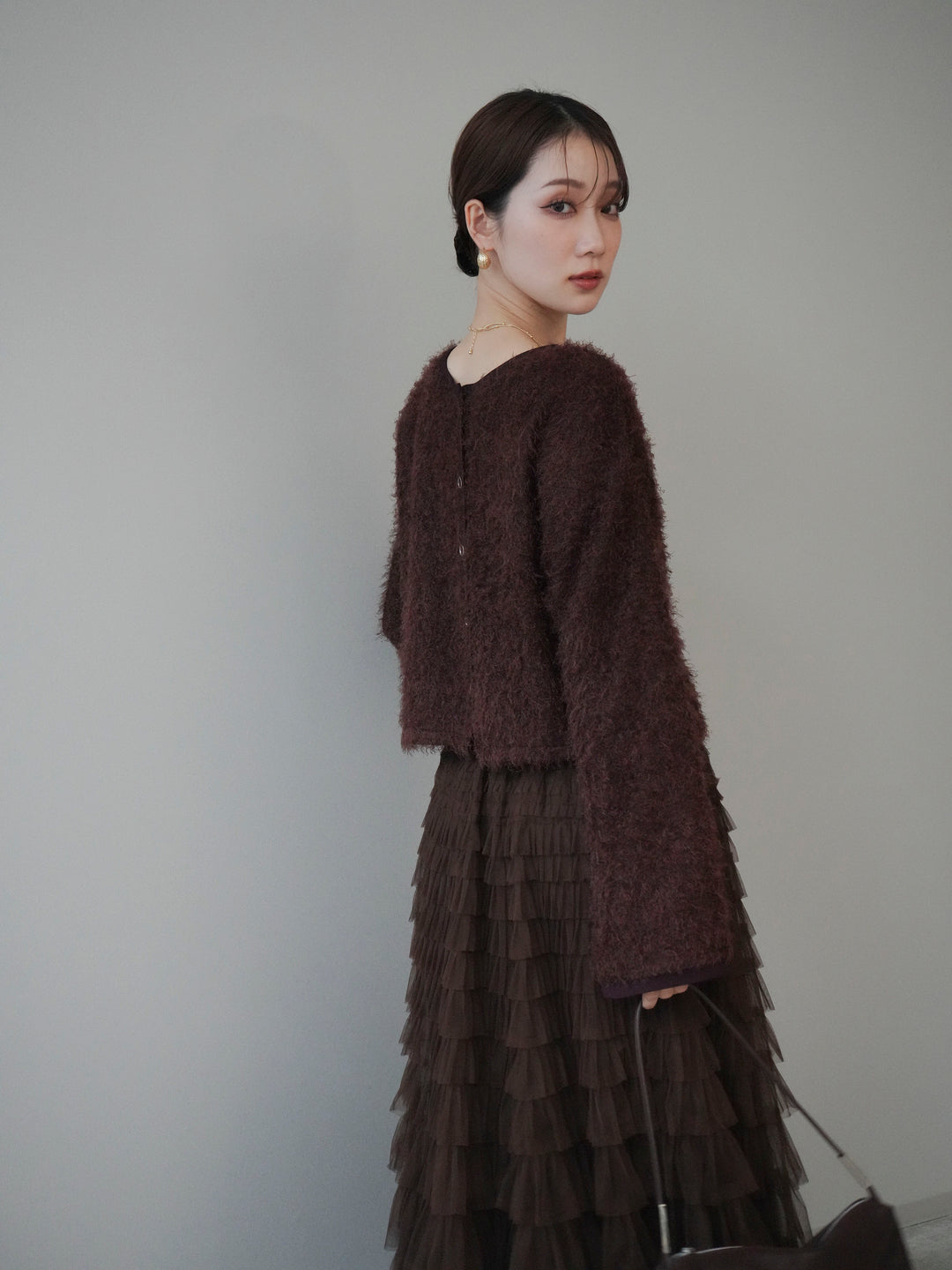 [予約]バイカラー2WAYシャギーニットカーディガン/brown