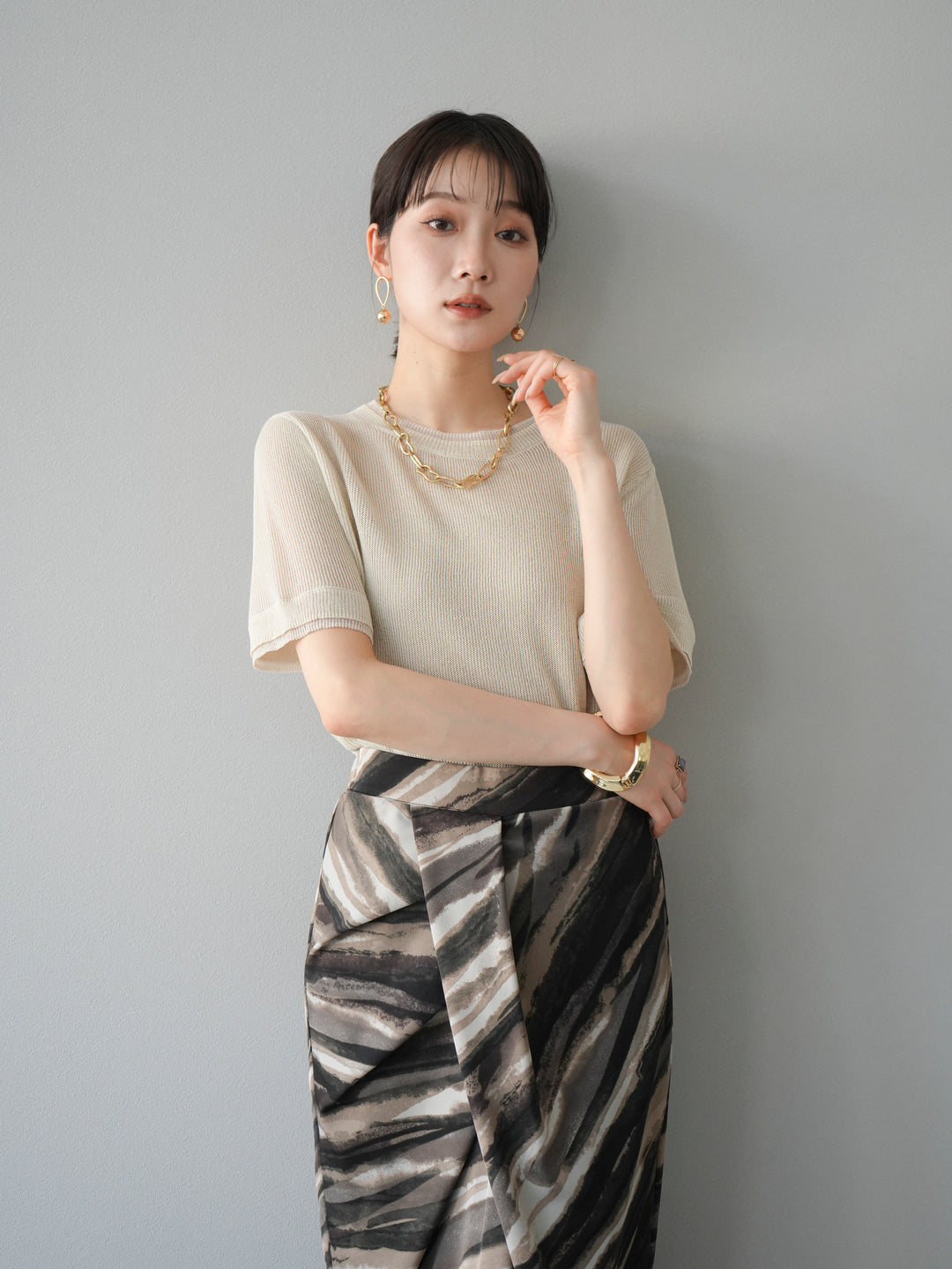 [SET]リネンタッチ配色二重臼ハーフニットトップス+選べるアソート柄スカートセット(2set)