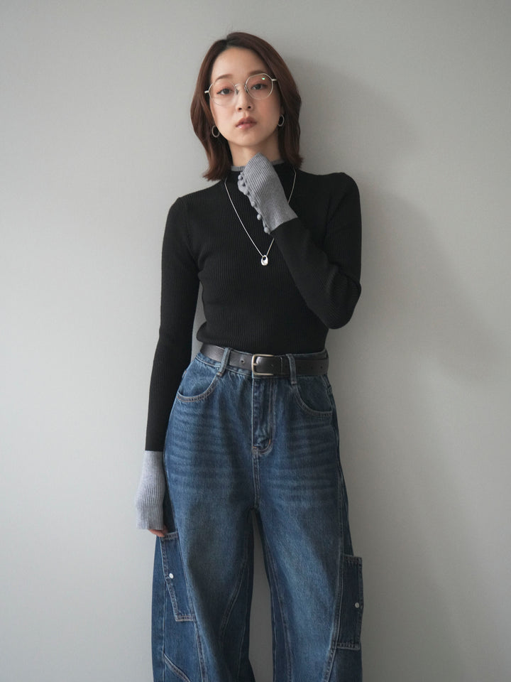 [予約]袖ボタンハイネック配色リブニットトップス/black
