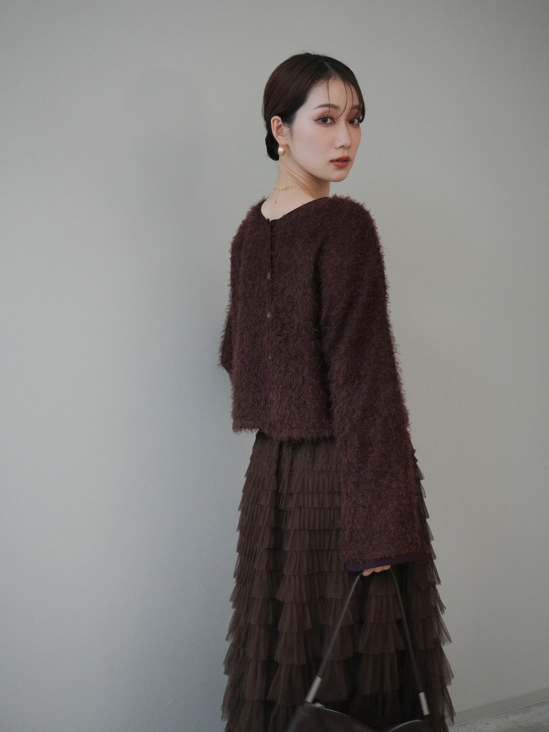 [予約]バイカラー2WAYシャギーニットカーディガン/brown