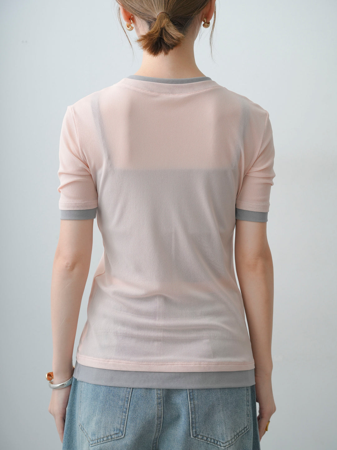 [予約]トリムレイヤードシアー半袖トップス/lightpink