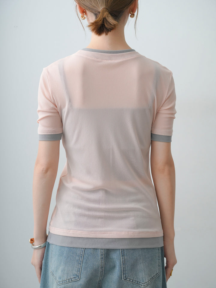 [予約]トリムレイヤードシアー半袖トップス/lightpink