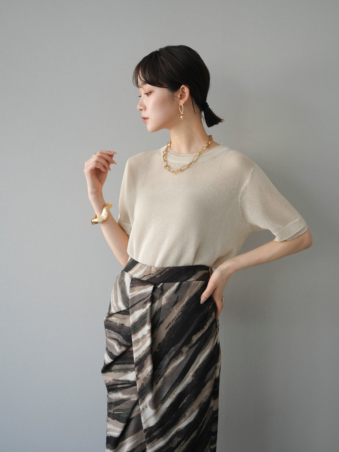 [SET]リネンタッチ配色二重臼ハーフニットトップス+選べるアソート柄スカートセット(2set)