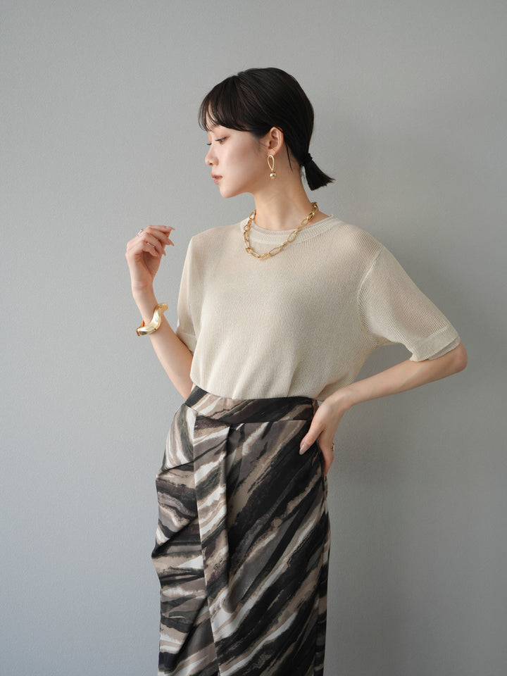 [SET]リネンタッチ配色二重臼ハーフニットトップス+選べるアソート柄スカートセット(2set)