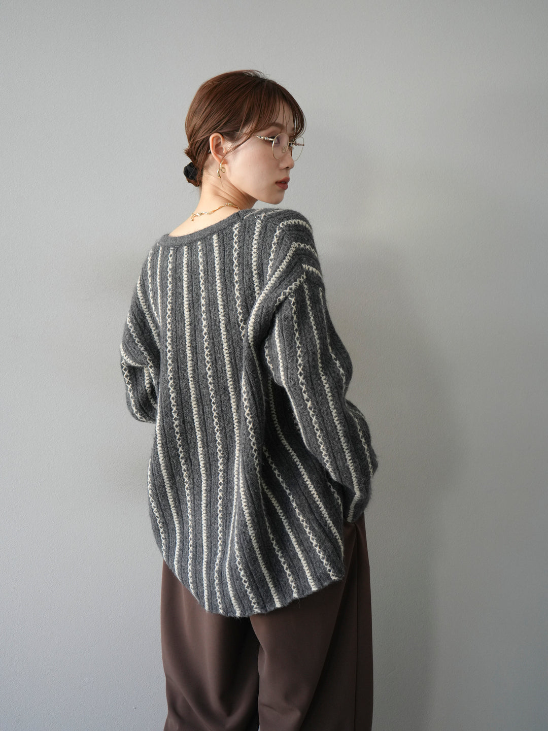 [予約]ストライプVネックニットカーディガン/グレー
