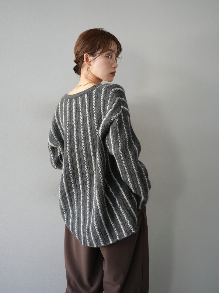 [予約]ストライプVネックニットカーディガン/グレー