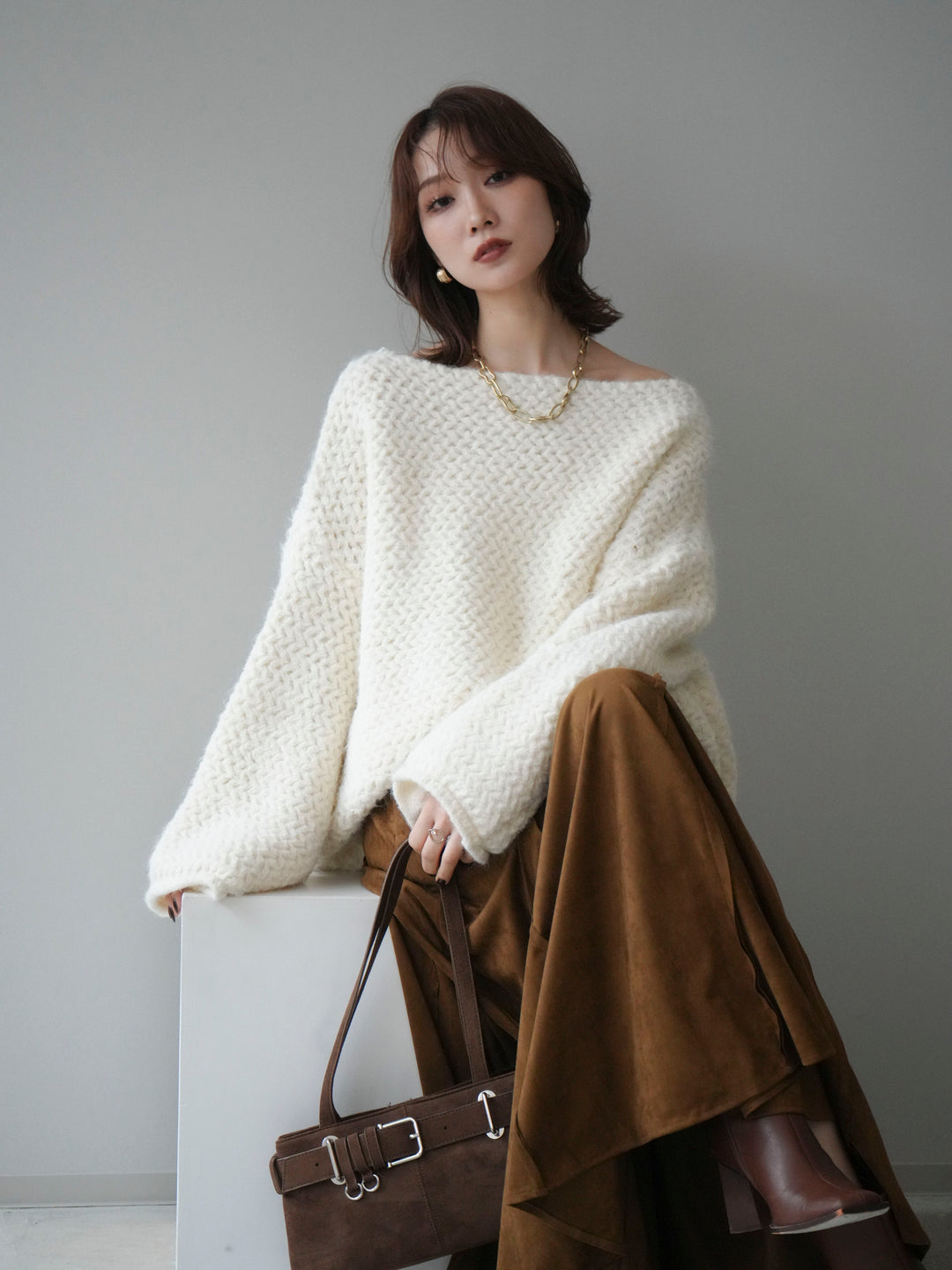 [予約]ワッフル編みオーバーニットプルオーバー/off