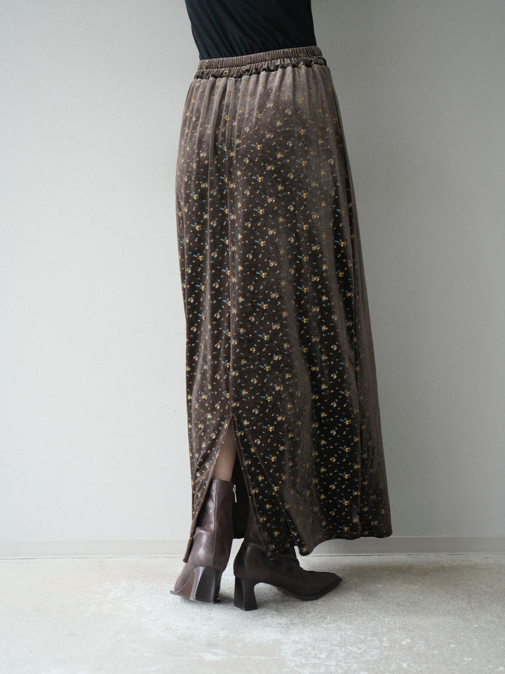[予約]ベロアフラワープリントIラインスカート/ブラウンxイエロー