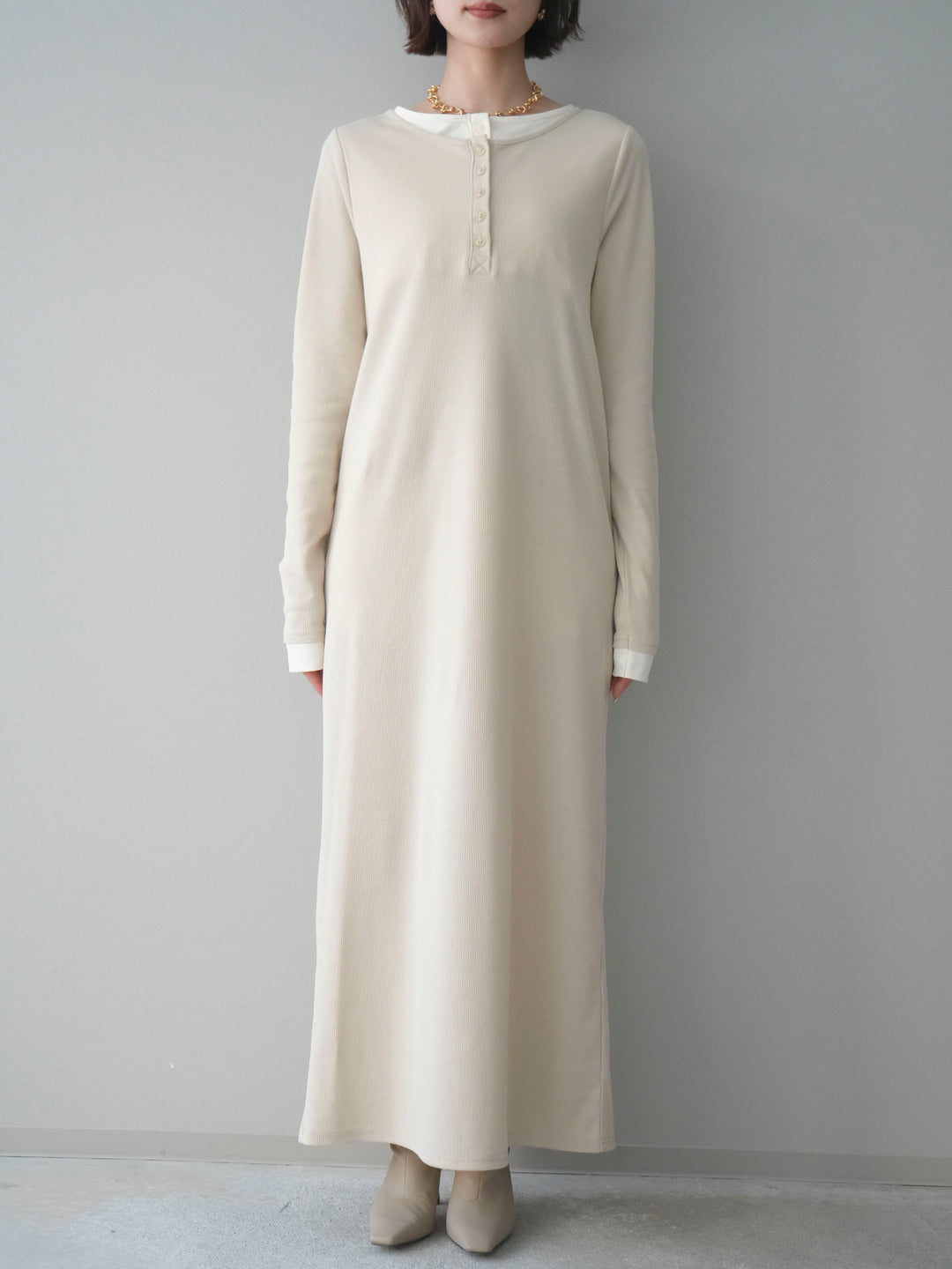 [予約]配色レイヤードヘンリーネックカットリブワンピース/ivory
