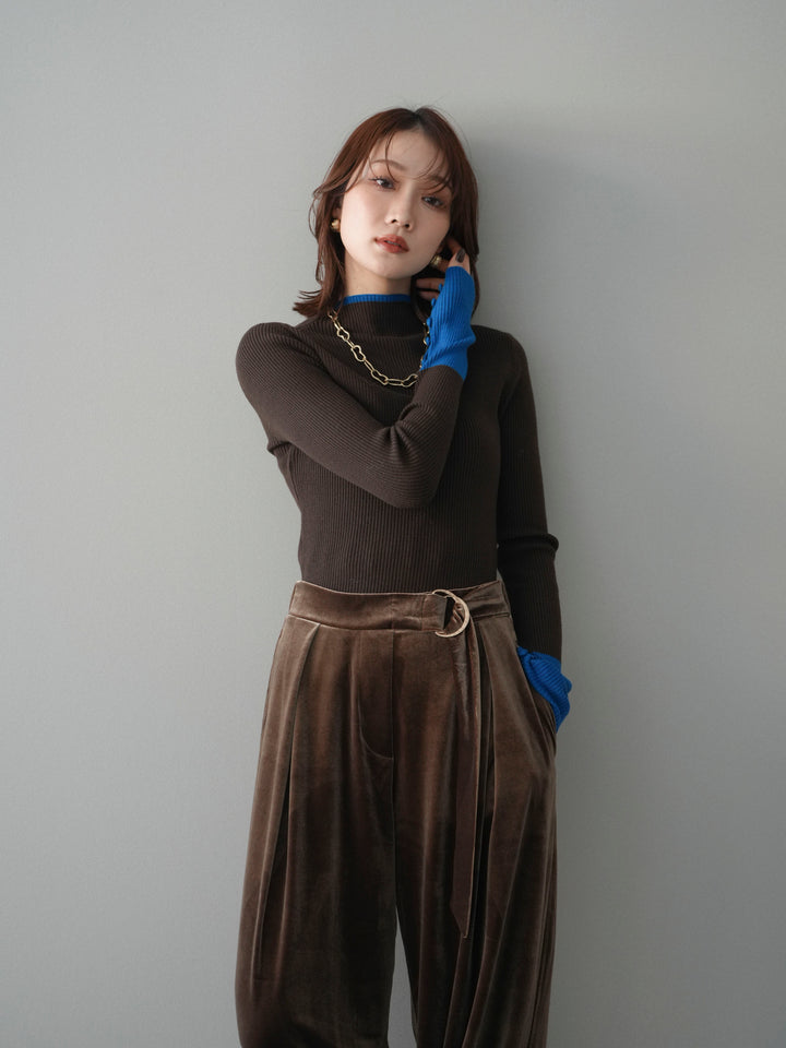 [予約]袖ボタンハイネック配色リブニットトップス/brown
