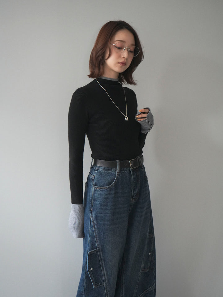 [予約]袖ボタンハイネック配色リブニットトップス/black