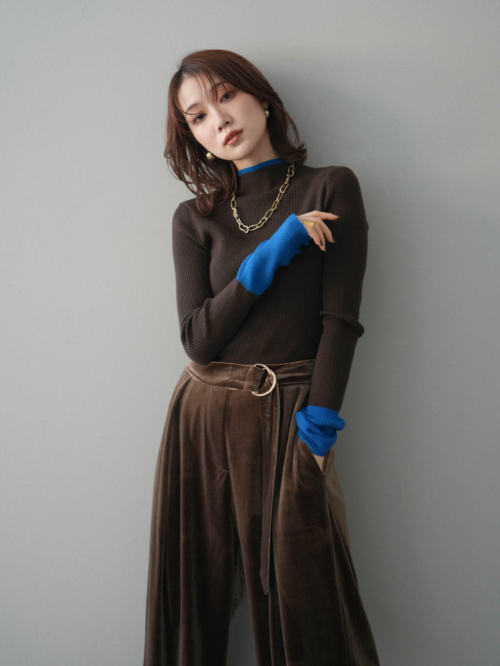 [予約]袖ボタンハイネック配色リブニットトップス/brown