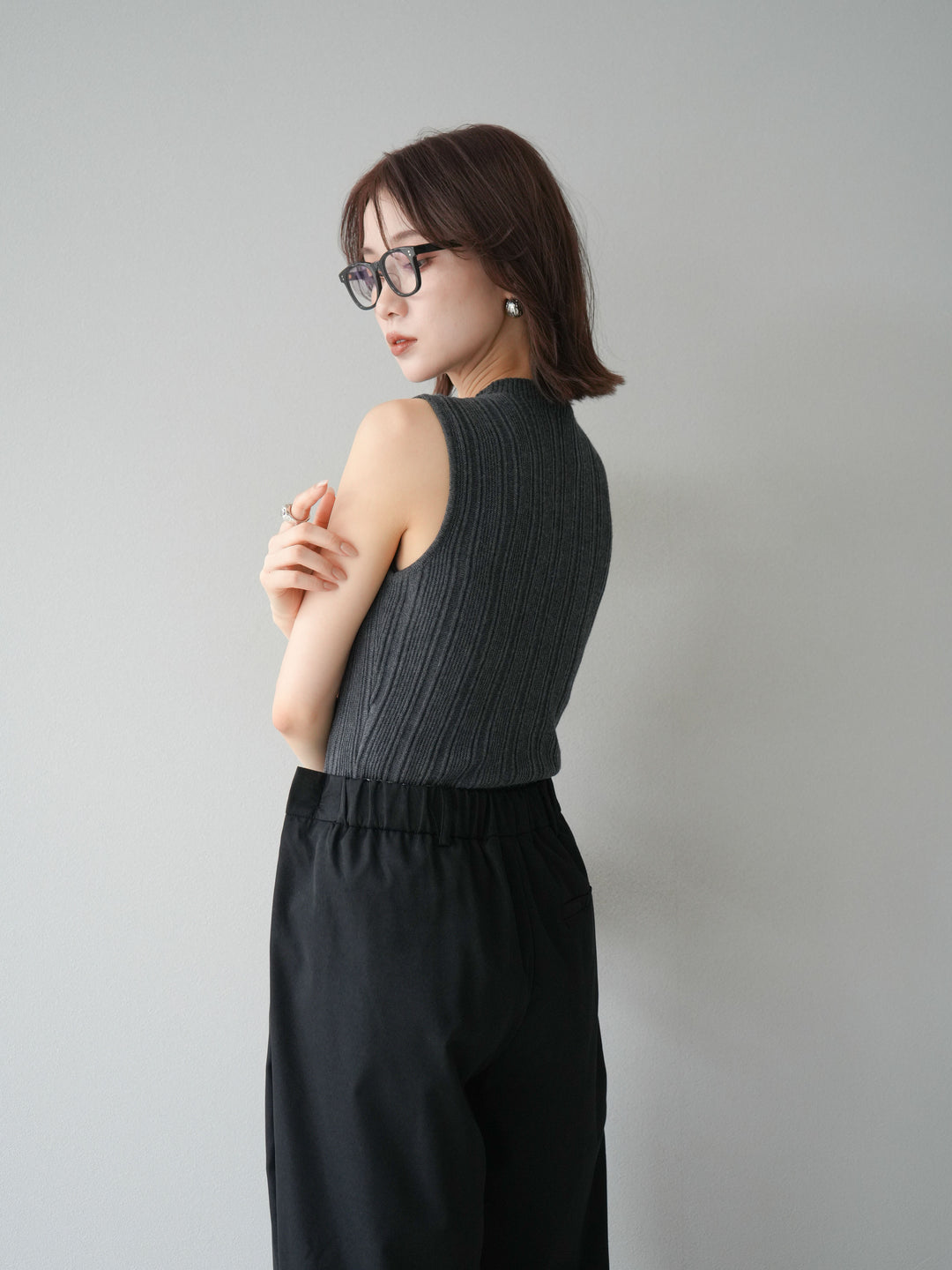 [予約]スリーブレスランダムリブニットトップス/グレー