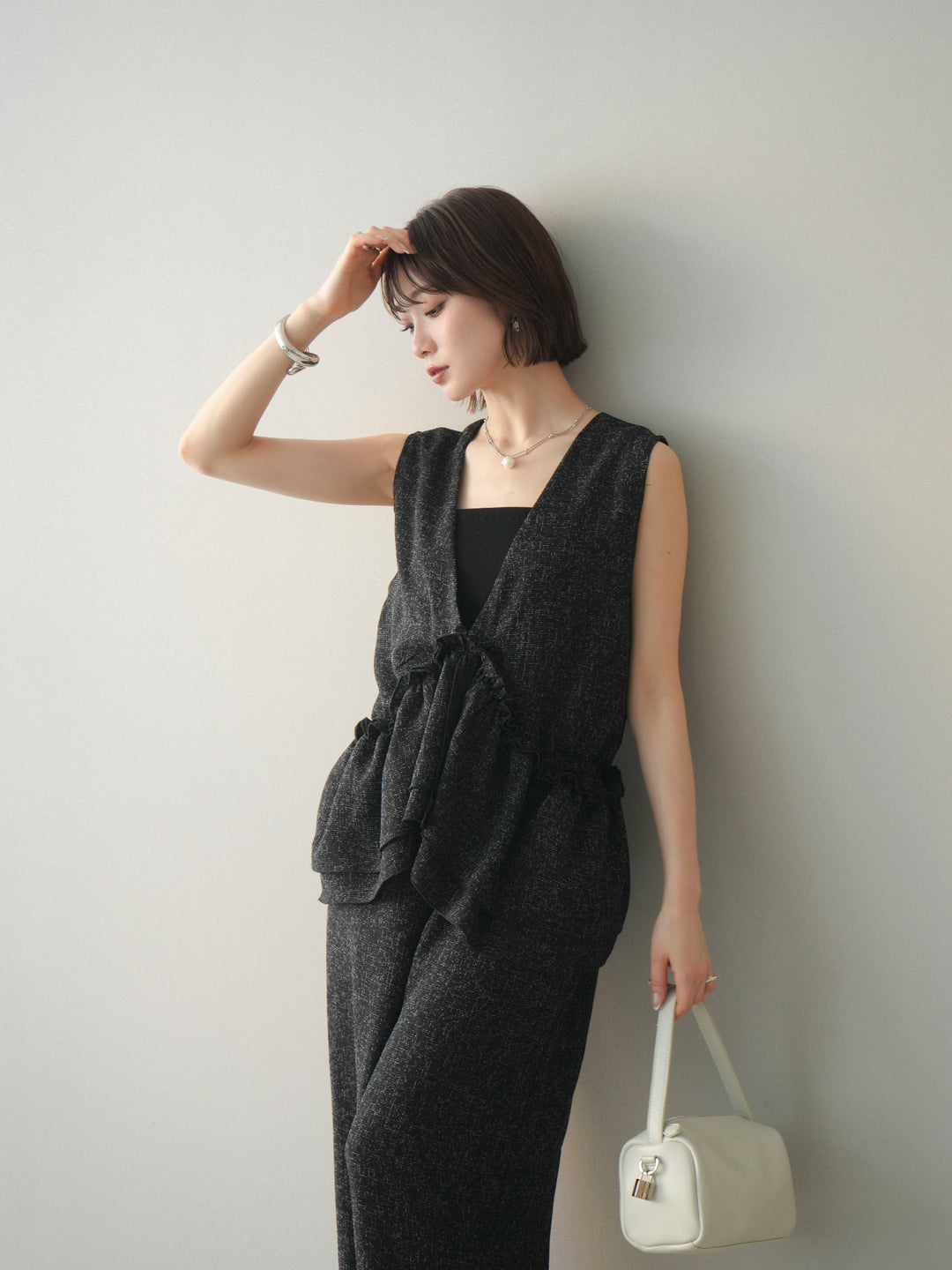 [SET]3WAYミックスツイードギャザーオールインワン+選べるアクセセット(2set)