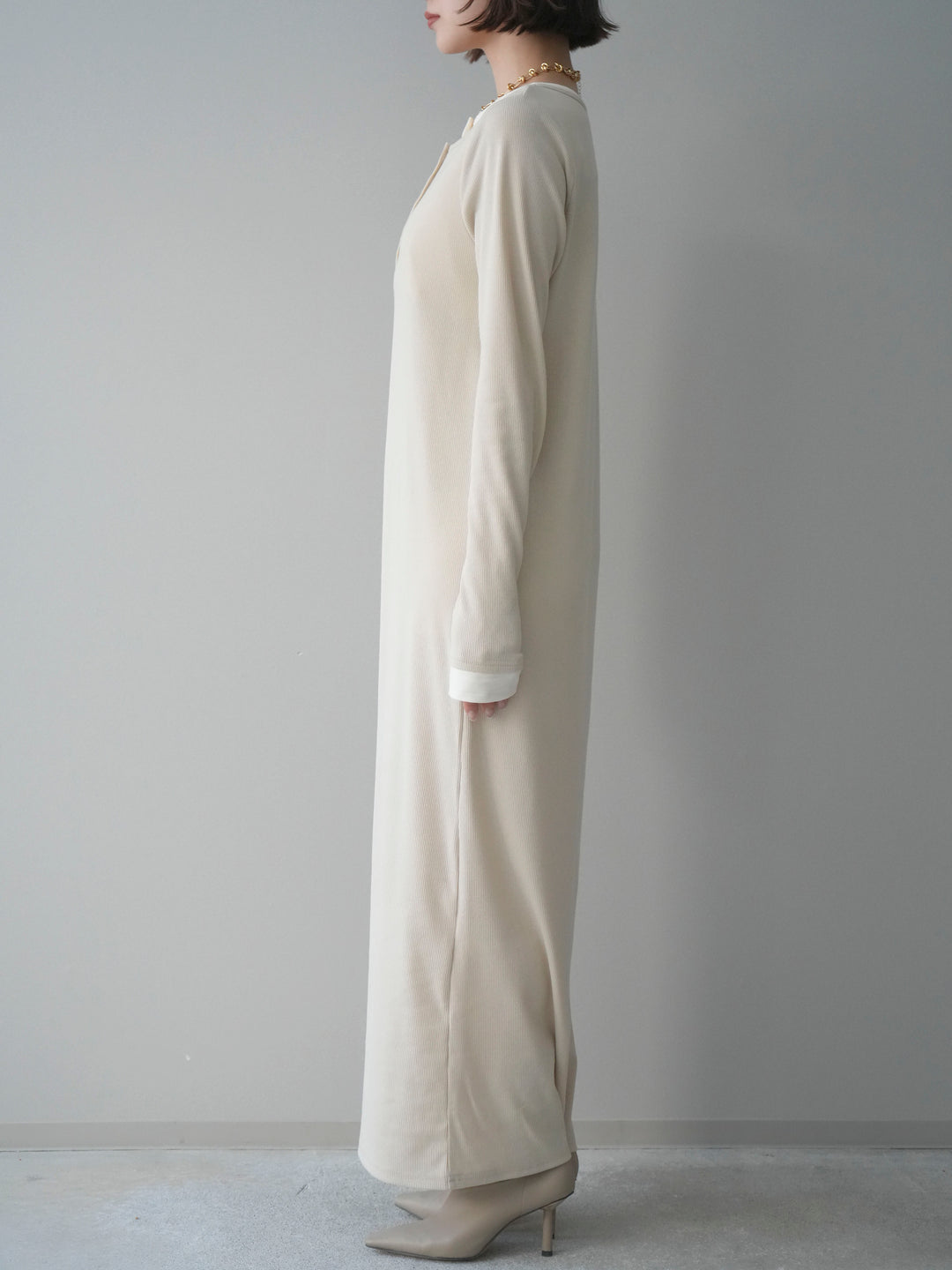 [予約]配色レイヤードヘンリーネックカットリブワンピース/ivory