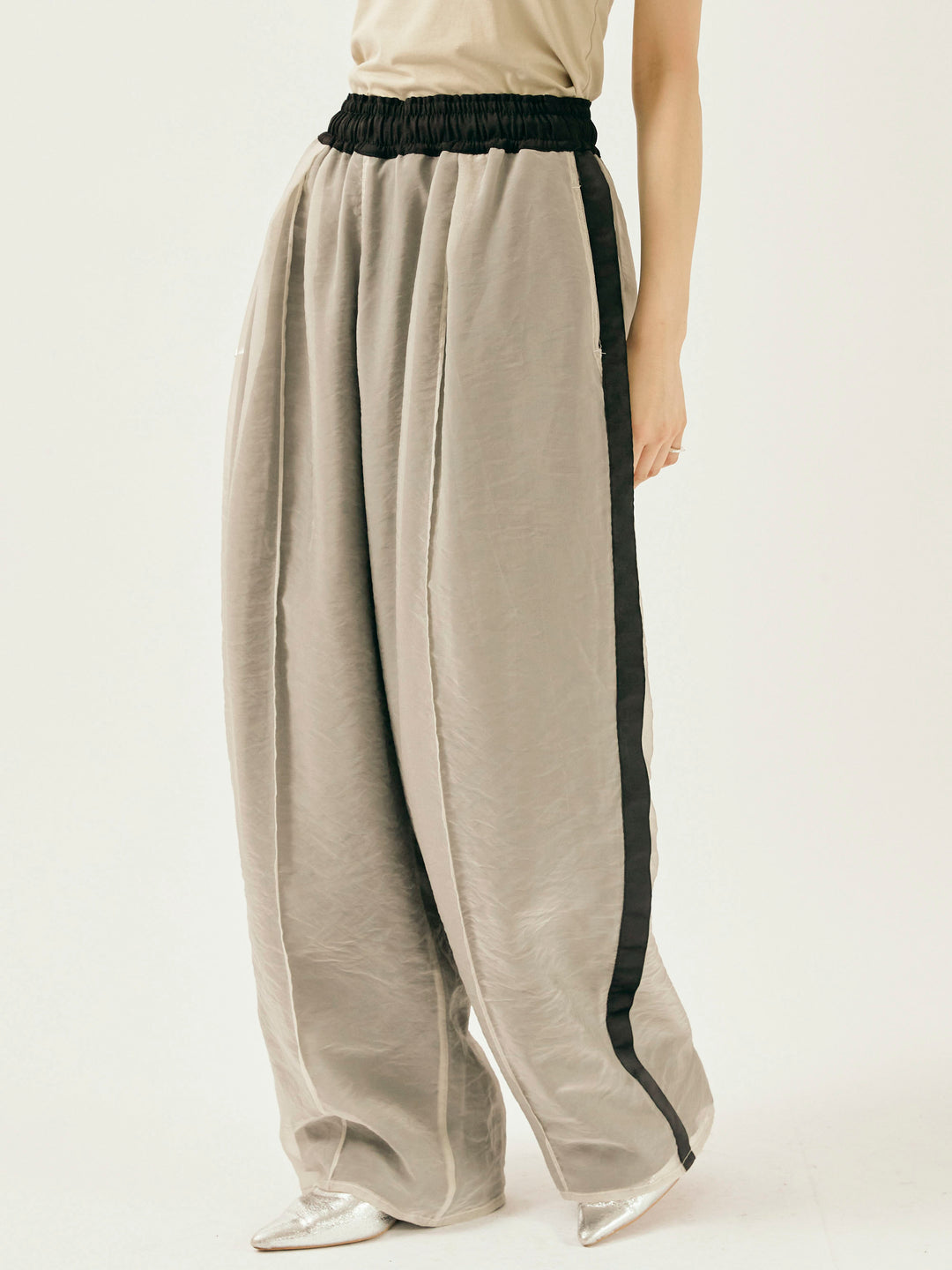 [予約]オーガンジーレイヤードサイドラインパンツ/グレージュ