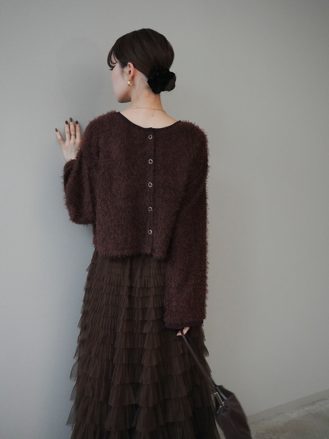 [予約]バイカラー2WAYシャギーニットカーディガン/brown