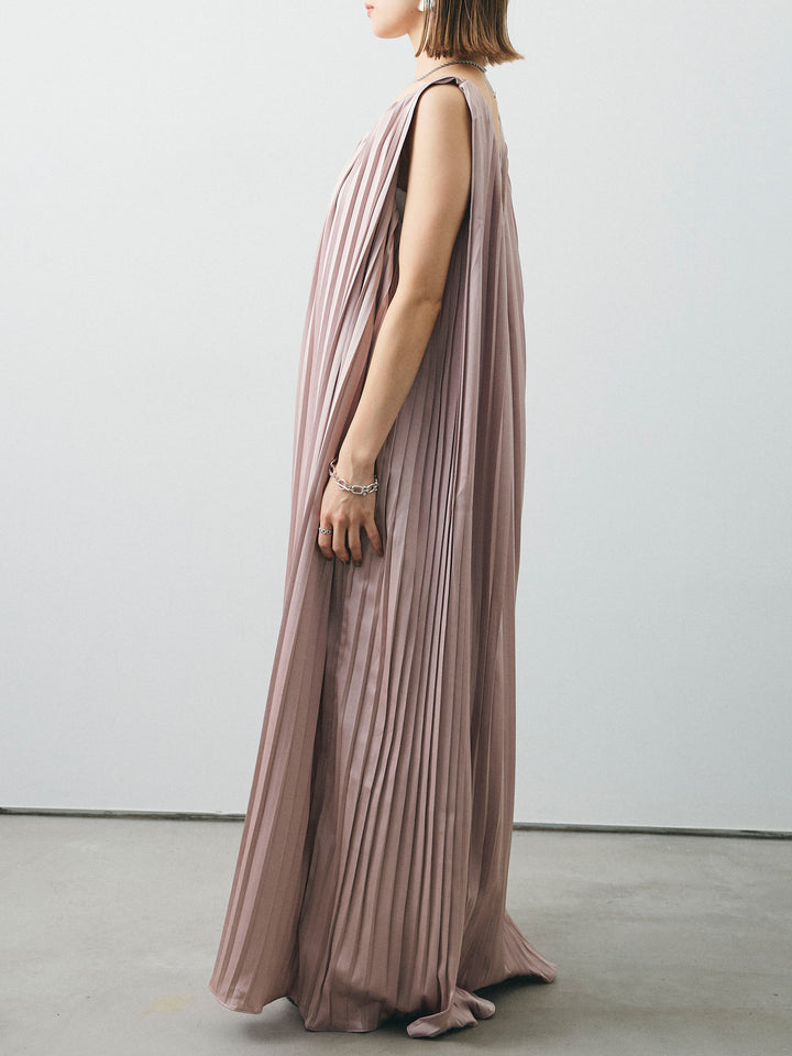 [予約]サテンプリーツVネックワンピース/ピンクベージュ
