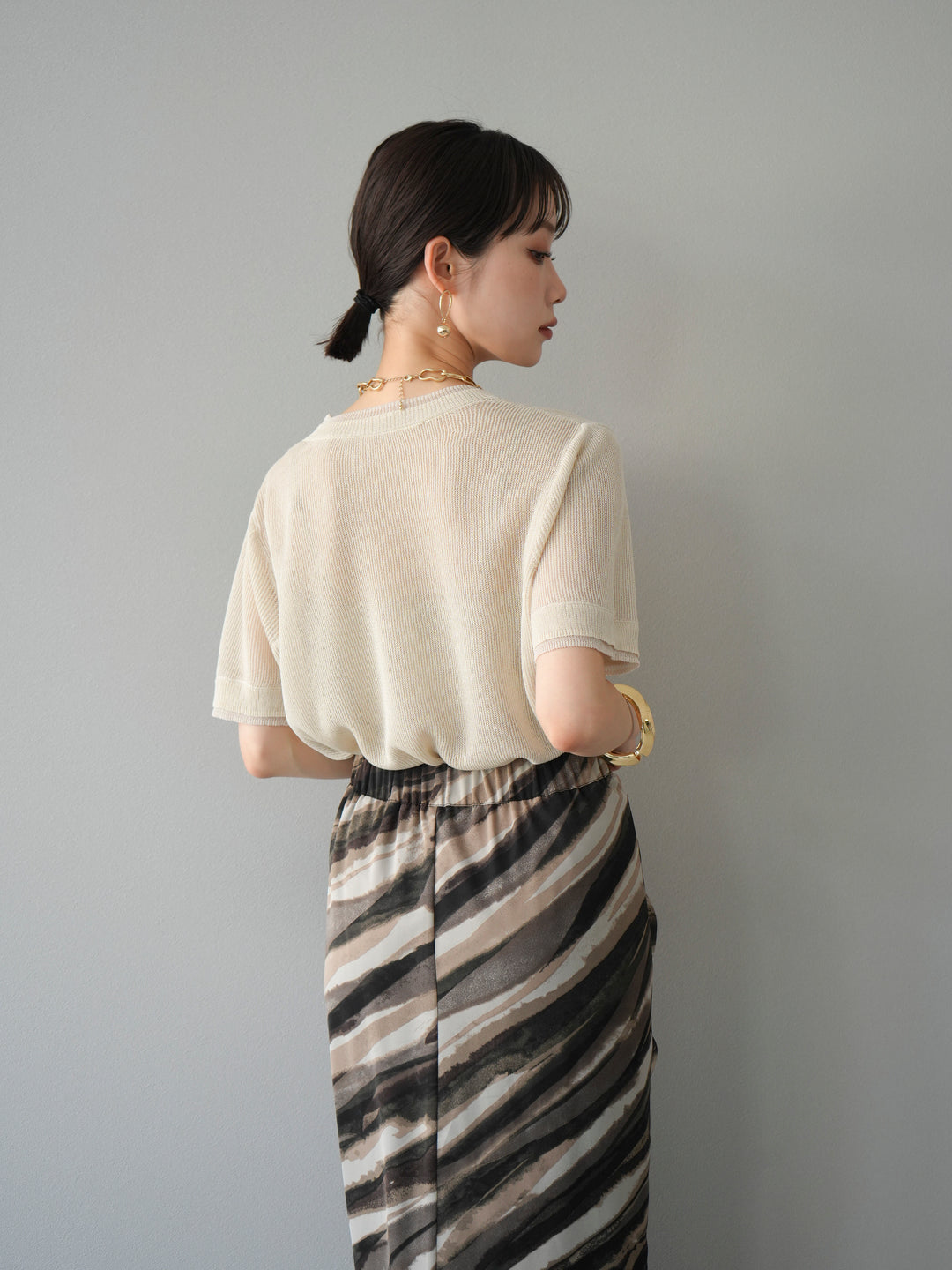 [SET]リネンタッチ配色二重臼ハーフニットトップス+選べるアソート柄スカートセット(2set)