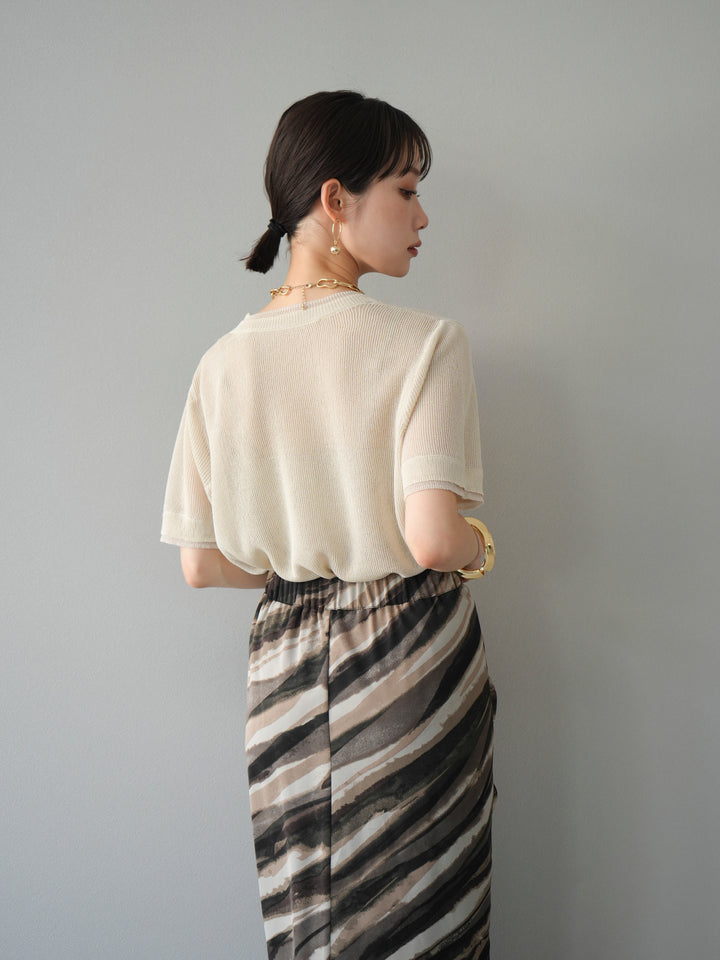 [SET]リネンタッチ配色二重臼ハーフニットトップス+選べるアソート柄スカートセット(2set)