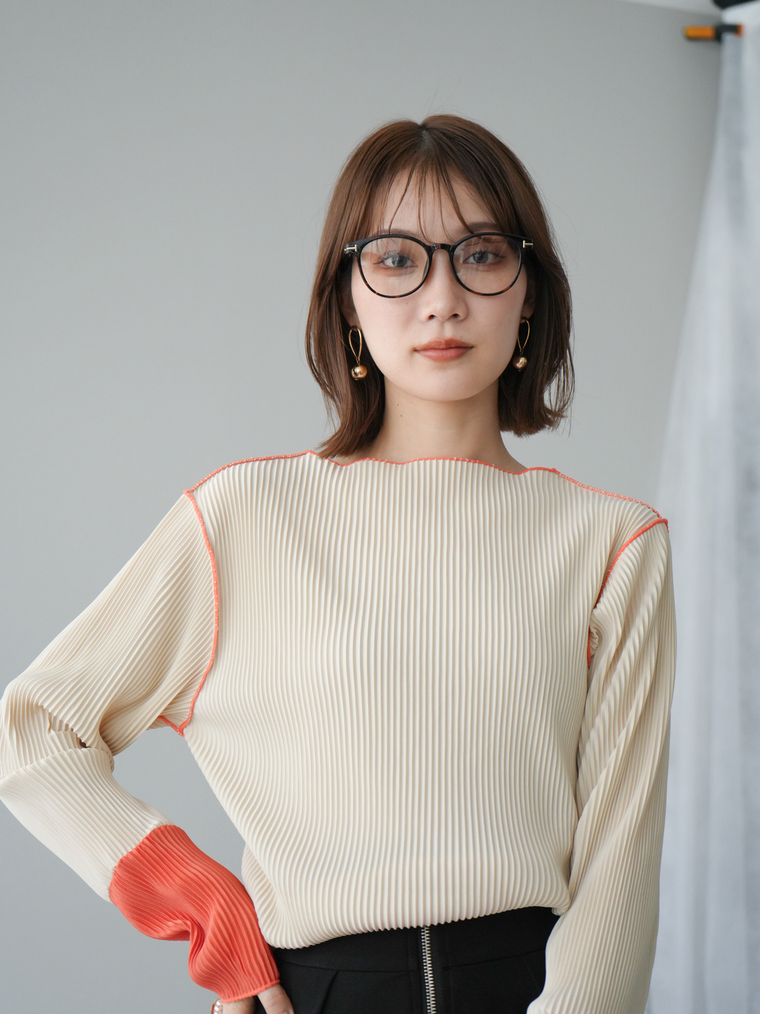 [予約]バイカラープリーツトップス/アイボリー