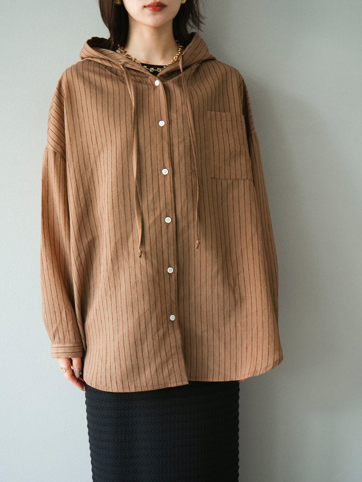 [予約]ワッシャーストライプフーディーシャツ/ブラウン