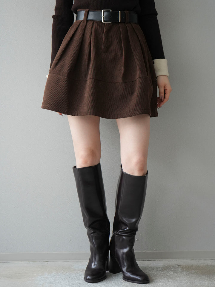 [予約]ベルト付インパンコーデュロイタックフレアスカート/brown