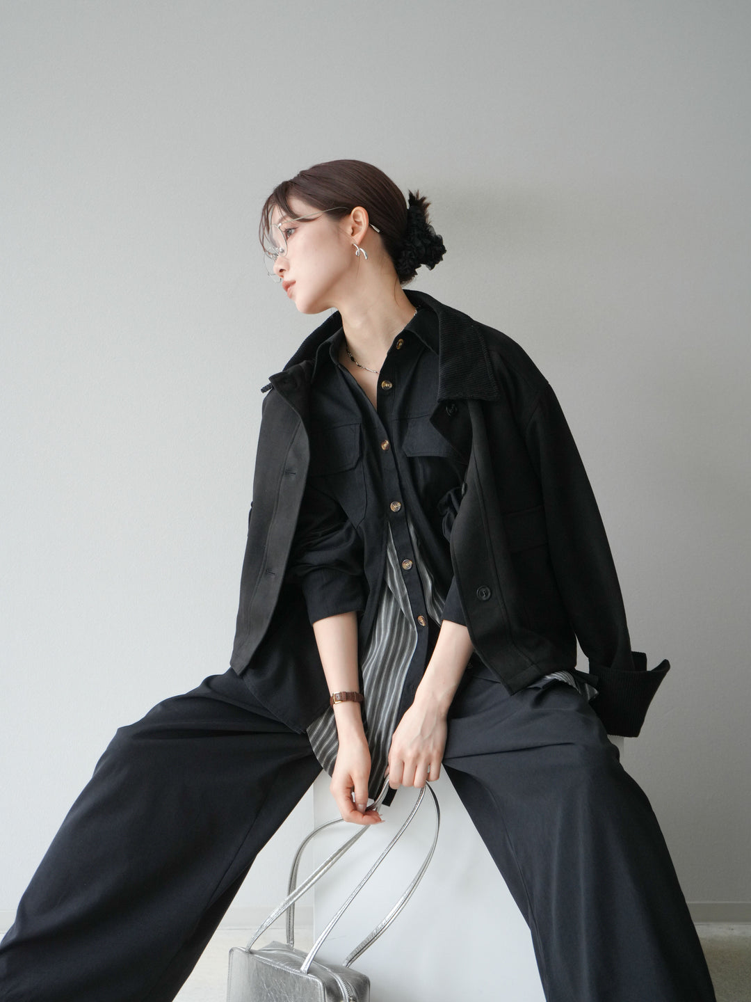 [予約]コーデュロイ切替スウェードショートジャケット/ブラック